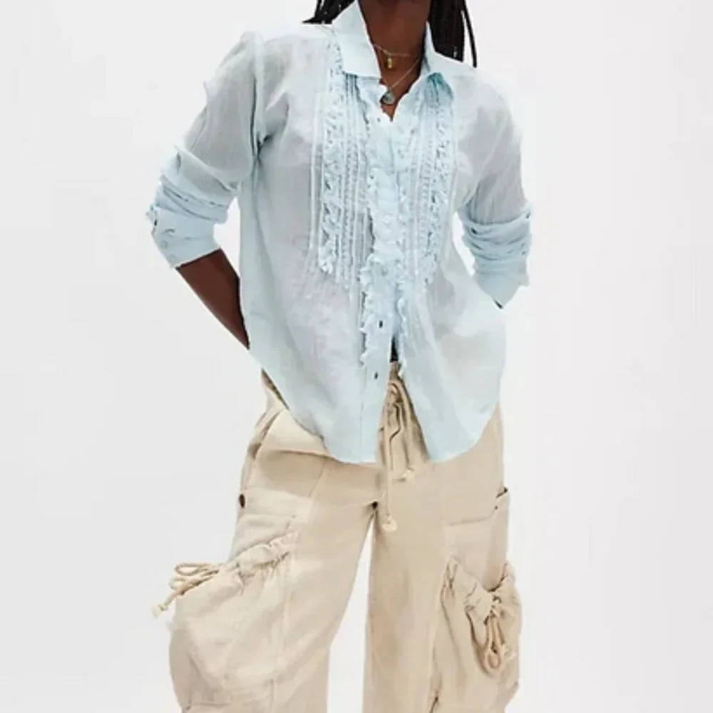 Free People FP One Drew Tuxedo Shirt Ruffle Gauze Button Top S